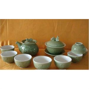 （包邮）苏氏绿釉浮雕鱼新茶碗功夫茶具组 13头 75453