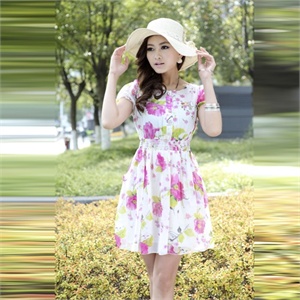 米娅 2012夏装新款韩版时尚淑女木耳边花色雪纺短袖连衣裙