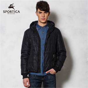 SPORTICA斯波帝卡 秋冬男装保暖黑灰格连帽棉衣棉服外套10191190