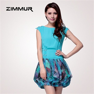 zimmur 夏装 春装 订珠圆领中腰花苞 连衣裙 Z12XQC608BC 显瘦