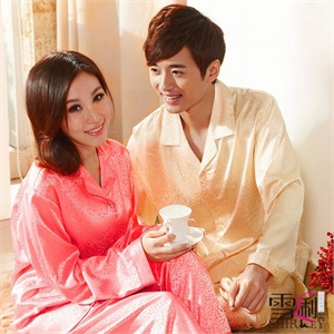 雪俐shirley 春季仿真丝丝质情侣长袖睡衣家居服套装
