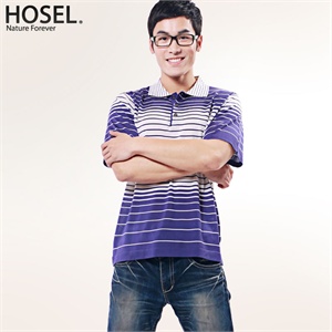 男装 T恤 短袖 翻领 时尚条纹 天然蚕丝混纺 hosel短袖T恤_D1157