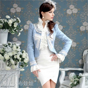 2012春装新款复古天蓝银丝蝴蝶结蕾丝花边珍珠圆领气质女装外套