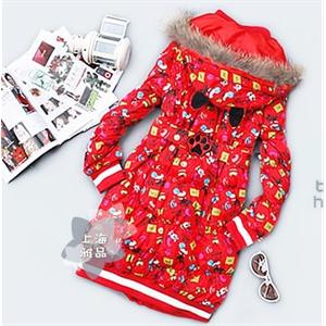 蓝枝雪 款猫的零食汇全印画长款及息羽绒服--红色