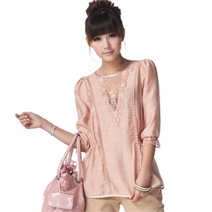 GIULIE 春装新品2011女装7分袖蕾丝胸花棉麻上衣 女S-002