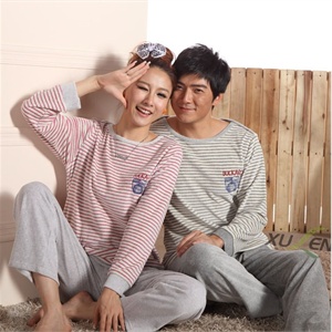 轩靓 情侣款 天鹅绒横条纹 睡衣套装 家居服 男91067女91066