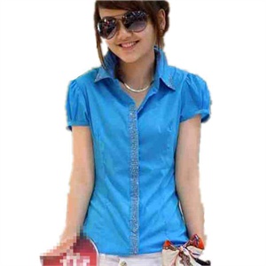 卡籣诗 韩版夏季细节纯色套头水钻百搭泡泡袖短袖衬衫 Ayn 1039#