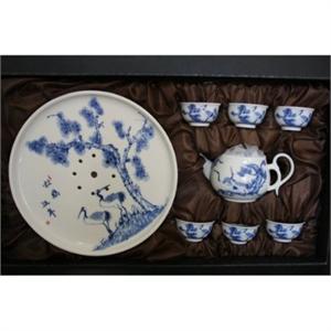 瑞恒逸品青花瓷8头功夫茶具套装带茶盘(松鹤延年)