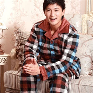 男装 保暖家居服男士格子加厚珊瑚绒夹棉睡衣套装