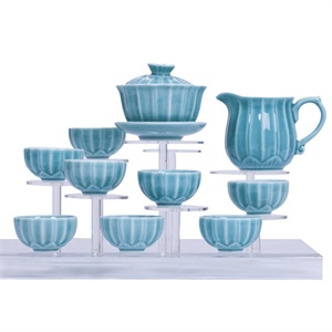 唯茶工坊德化瓷高温颜色釉10头莲花瓣功夫茶具套装003（蓝色）