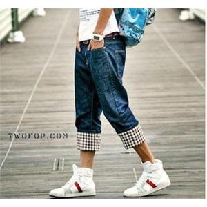 时尚个性彩格翻边7分牛仔 男裤 510A-k09