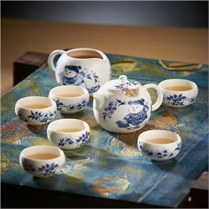 台湾茶具宜龙青花童嬉8件茶组童嬉8入壶