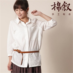 『棉叙』夏装白色的百搭大口袋长袖女衬衣 货到付款M1048