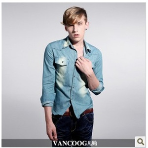 VANCOOG/凡购 新款男士衬衫韩版休闲牛仔长袖衬衫男修身男士衬衣