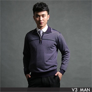 【品牌直供】V3 MAN 经典横纹拉链领羊毛毛衣