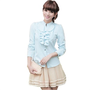 臻衣阁 2012女士服装夏装新款OL纯色褶皱荷叶边长袖衬衫 PL-9834