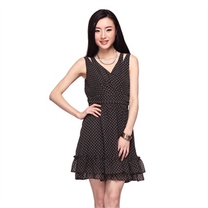 婉甸wandian夏装都会淑女黑色圆点印花雪纺无袖连衣裙1112331