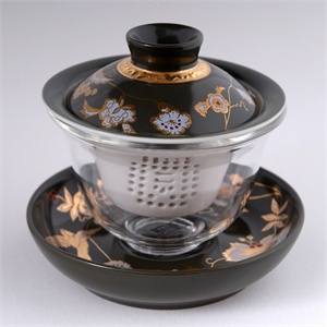 品牌茶具 茶杯 玻璃杯带陶瓷茶漏办公杯 黑金蝴蝶 YCT1063