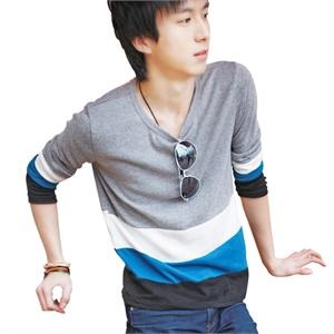 【品牌直供】V领修身休闲男款纯棉长袖t恤 灰蓝拼色 847