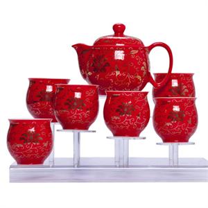 唯茶工坊德化瓷7头双层红金藤功夫茶具套装