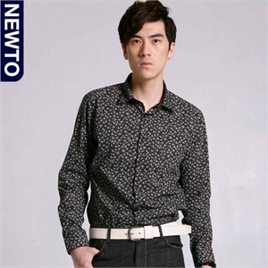 NEWTO 男装衬衣印花休闲修身长袖衬衫6116