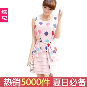 2012新品春装新品七彩圆点无袖蛋糕连衣裙长裙雪纺裙110435