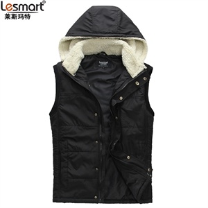 lesmart 2012春装新品 仿羊羔绒拼接 棉马甲 可拆卸帽休闲背心
