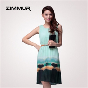 zimmur 夏装 春装 优雅风琴褶弹力腰修身连衣裙 Z12XQC576GN 显瘦
