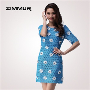 zimmur 夏装 春装 中腰圆领精美绣花 连衣裙 Z12XQC737BC 显瘦