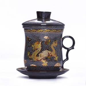 唯茶工坊德化瓷黑金龙功夫茶具办公杯四件套