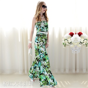粉红大布娃娃2012夏装新款绿色花朵印花抹胸松身女装阔腿连体长裤