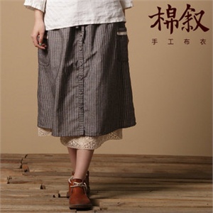 『棉叙』双城 小清新 小女人 夏装新款棉麻条纹双层半身裙M2024
