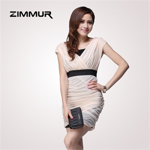 zimmur 夏装 春装 V领中高腰紧身拼接 连衣裙 Z12XQD540PN 显瘦
