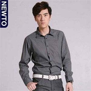NEWTO男刺绣纯棉府绸商务衬衫6118