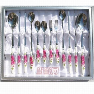 明进餐具 贵妃粉花骨瓷勺柄勺筷餐具10P礼盒 结婚礼物