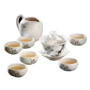 台湾茶具宜龙水墨梅花8件茶具组水墨梅花8入盖碗