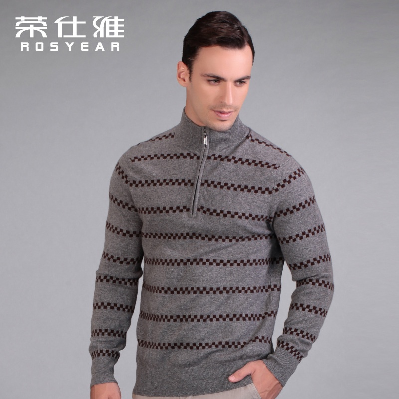 【荣仕雅 100%纯<em>山羊绒</em>套衫 欧美条纹<em>男士</em>半