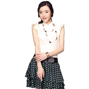 婉甸wandian夏装都会淑女白色荷叶袖立领修身衬衫1112207