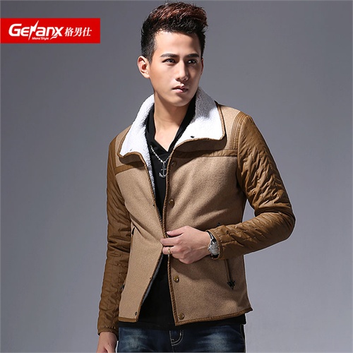 格男仕秋季新品 <em>白色羊毛领</em>御寒修身保暖驼色