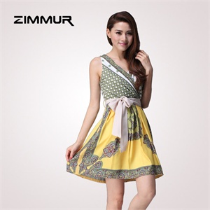 zimmur 夏装 春装 高腰V领拼色 连衣裙 Z12XQC674YC 显瘦