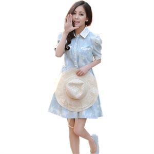 臻衣阁 韩版女装夏装新款 短袖单排扣牛仔连衣裙 JL-607