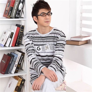好家猫 春季新款条纹棉质男士圆领睡衣 HJM108A