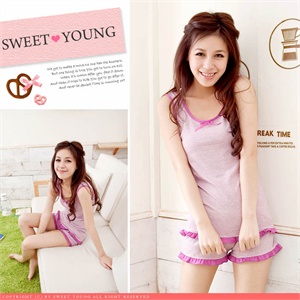 sweet young 可爱舒适100％韩版横条纹配色花边休闲家居服 6612