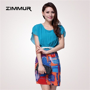zimmur 夏装 春装 高腰圆领欧美修身 连衣裙 Z12XQC590BC 显瘦