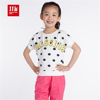季季乐童装 2014夏季女童装新款蝙蝠衫波点短袖t恤_米白,120cm