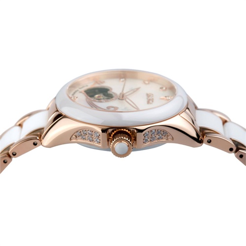 de feels 飞天高档白色贝母表盘陶瓷金边透底自动机械女士手表 f8002