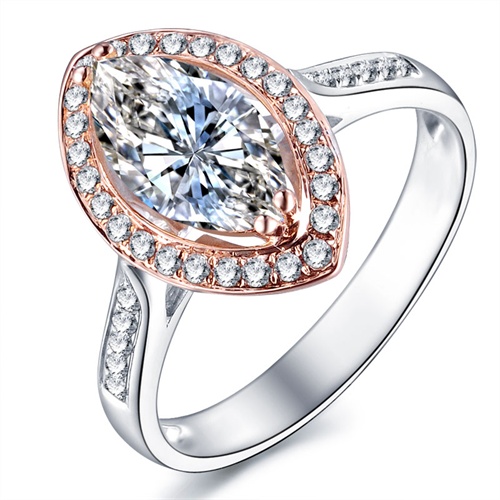 喜钻18k双色金 橄榄形钻石结婚戒指 钻戒 婚戒 珠宝女戒